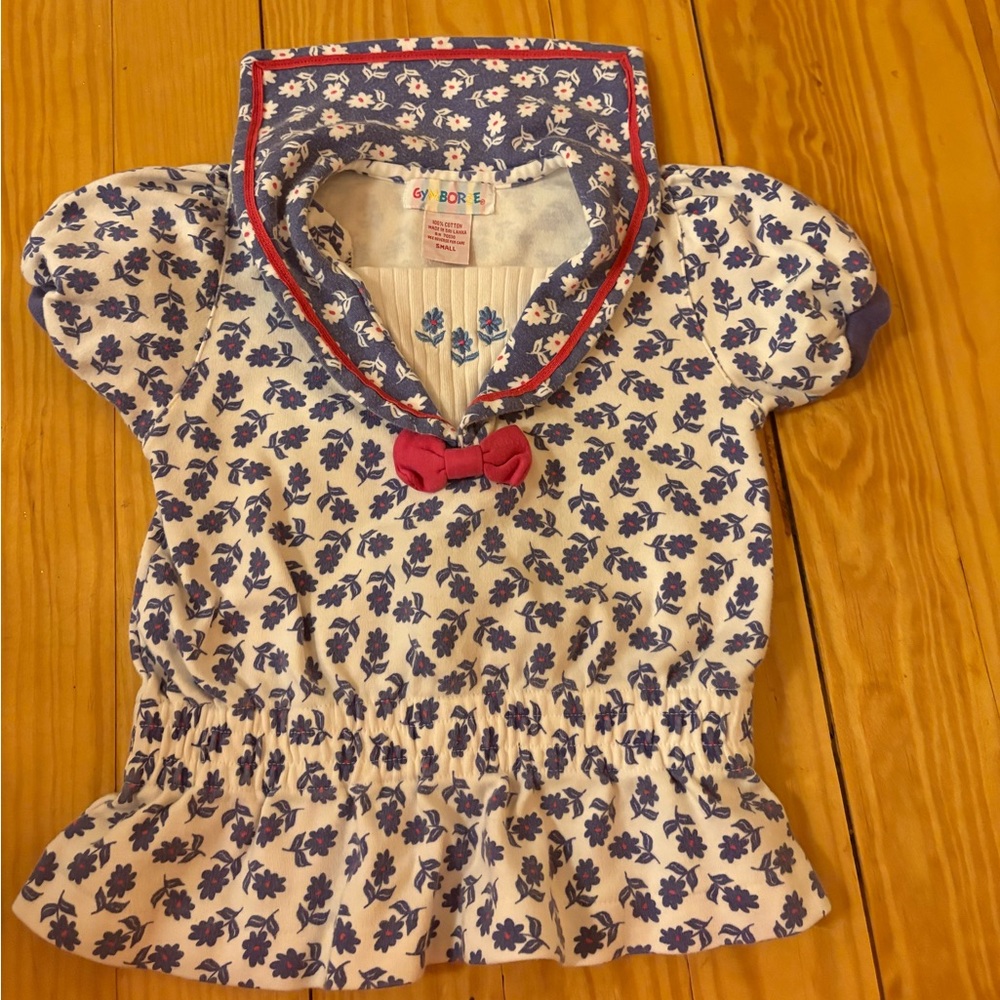 Vintage White and Blue Floral Girls' Top with Pink Bow
